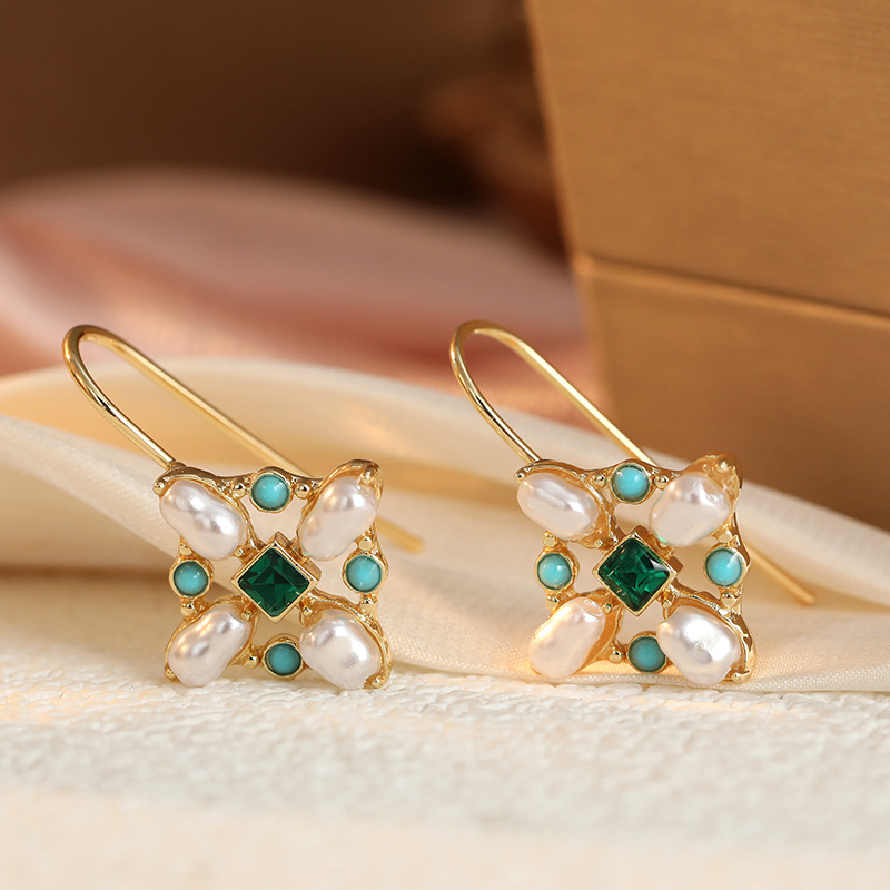 Vintage Luxury Ear Studs with Plated Green Ear Hooks